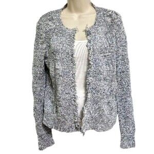 ANN TAYLOR Loft Fringe Sweater Cardigan Jacket Blue Gray Marled Womens Medium